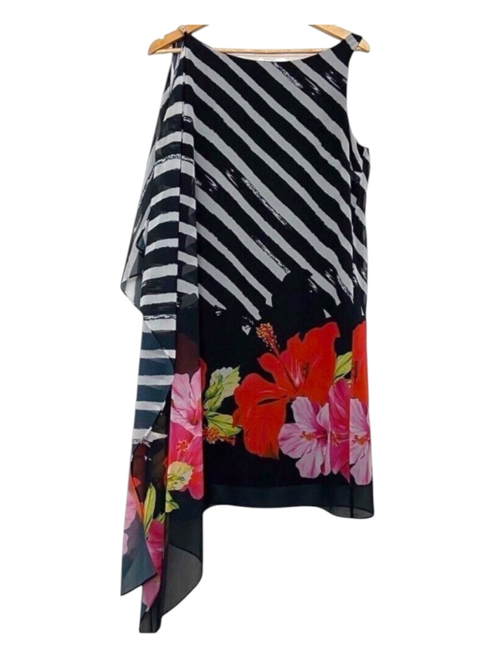 Frank Lyman asymmetrical floral chiffon dress black white red pink stripes size8